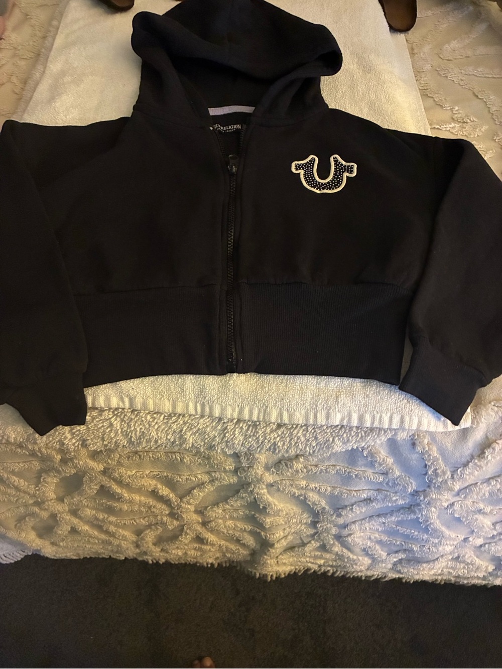 Pre-owned True Religion Black Youth Zip crop Hoodie with Rhinestone Logo